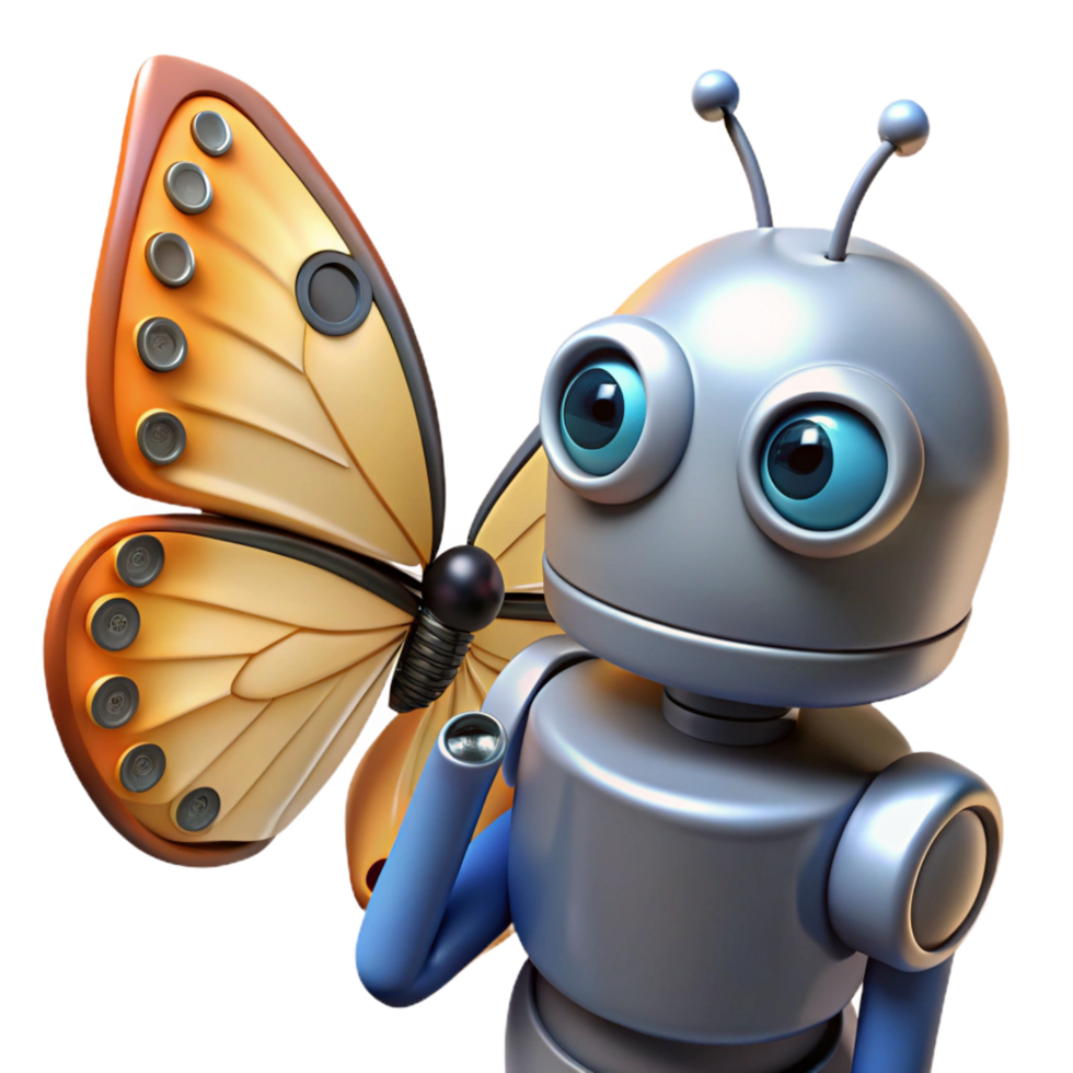 dramatic minimalist stunning classic Cute Robot with Butterfly 3D Render professional detailed png