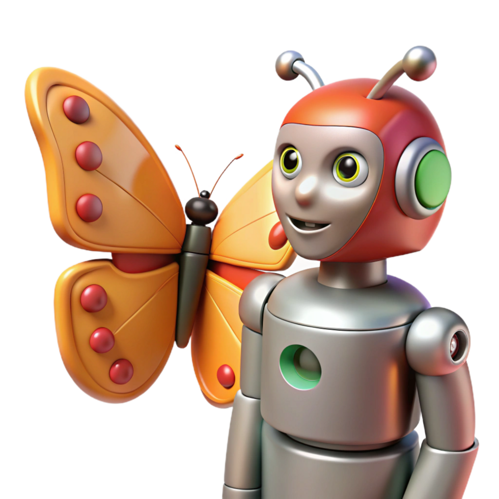 impressive rustic magnificent traditional Friendly Robot and Butterfly 3D Illustration genuine authentic png