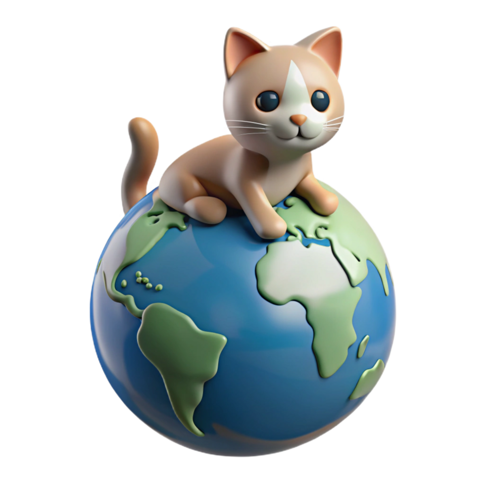 magnificent vintage serene contemporary Cute Cartoon Cat on Planet Earth 3D Render high quality high quality png