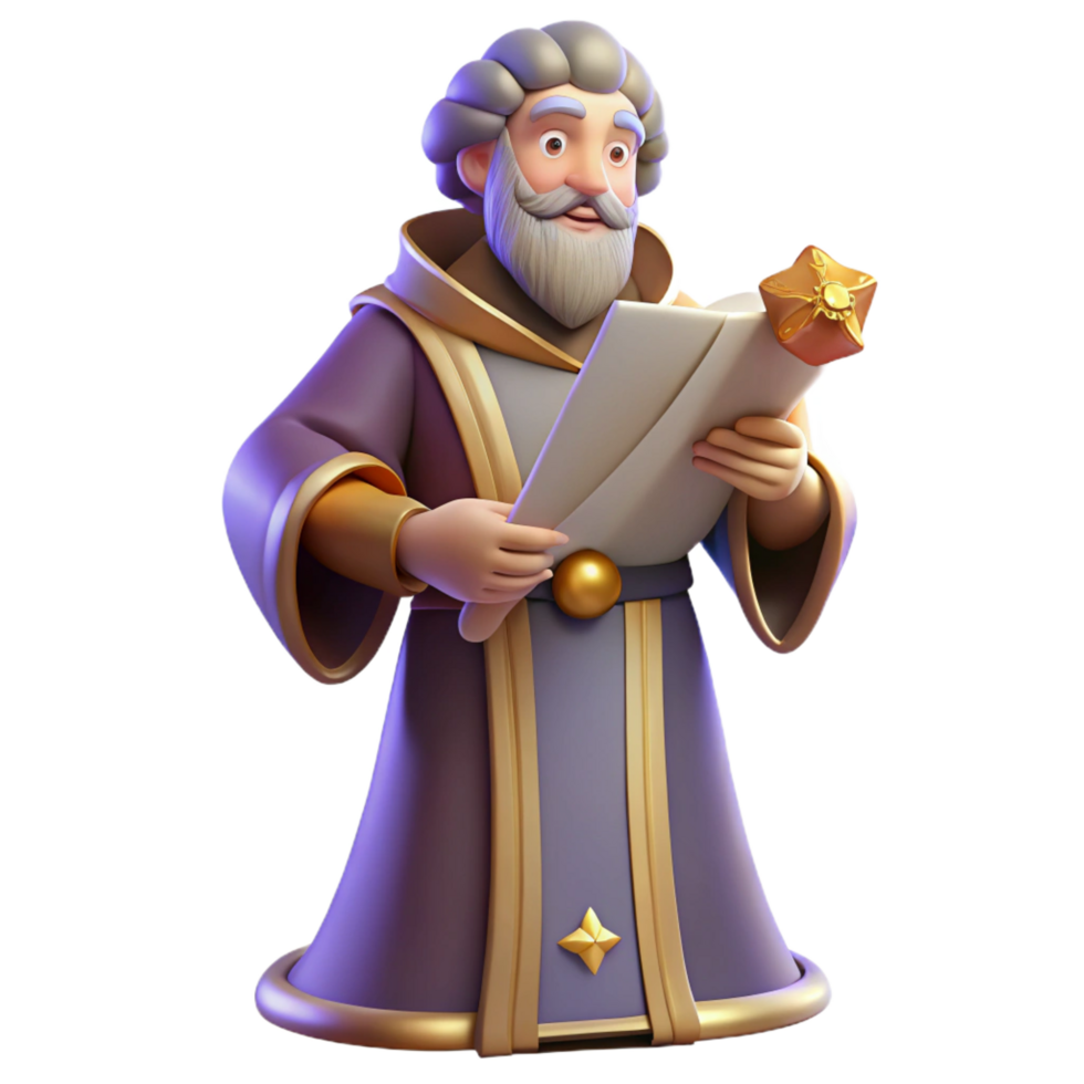 elegant rustic magnificent traditional 3D Cartoon Wise Man Reading Scroll professional original png