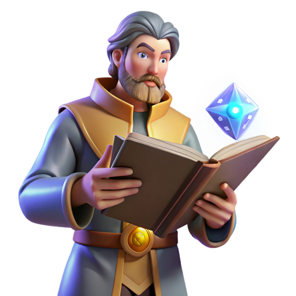 impressive modern elegant contemporary 3D Illustration Wizard Reading Book Magic authentic genuine png