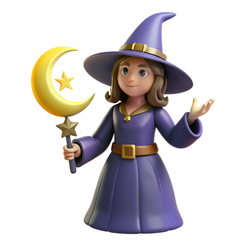 magnificent modern magnificent traditional 3D Render Young Witch Moon Wand high resolution genuine png