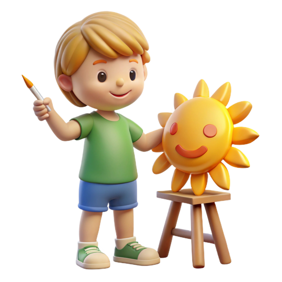3D Render Child Artist Painting Sun Illustration png