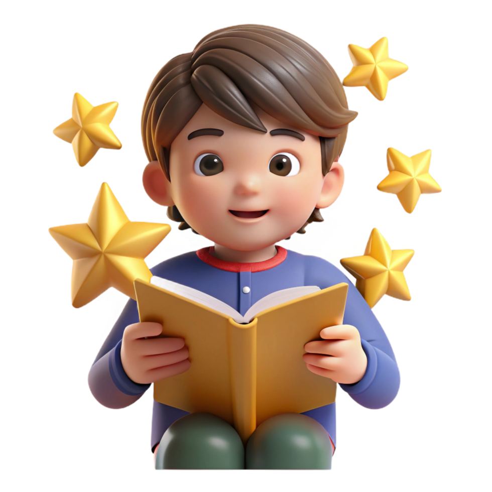 impressive abstract vibrant rustic 3D Render Boy Reading Book with Stars premium authentic png
