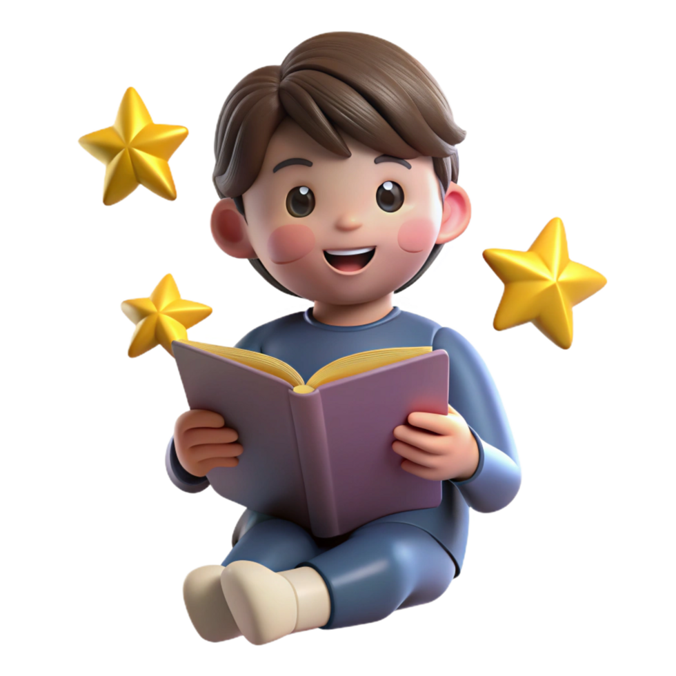 3D Render Boy Reading Book, Stars png