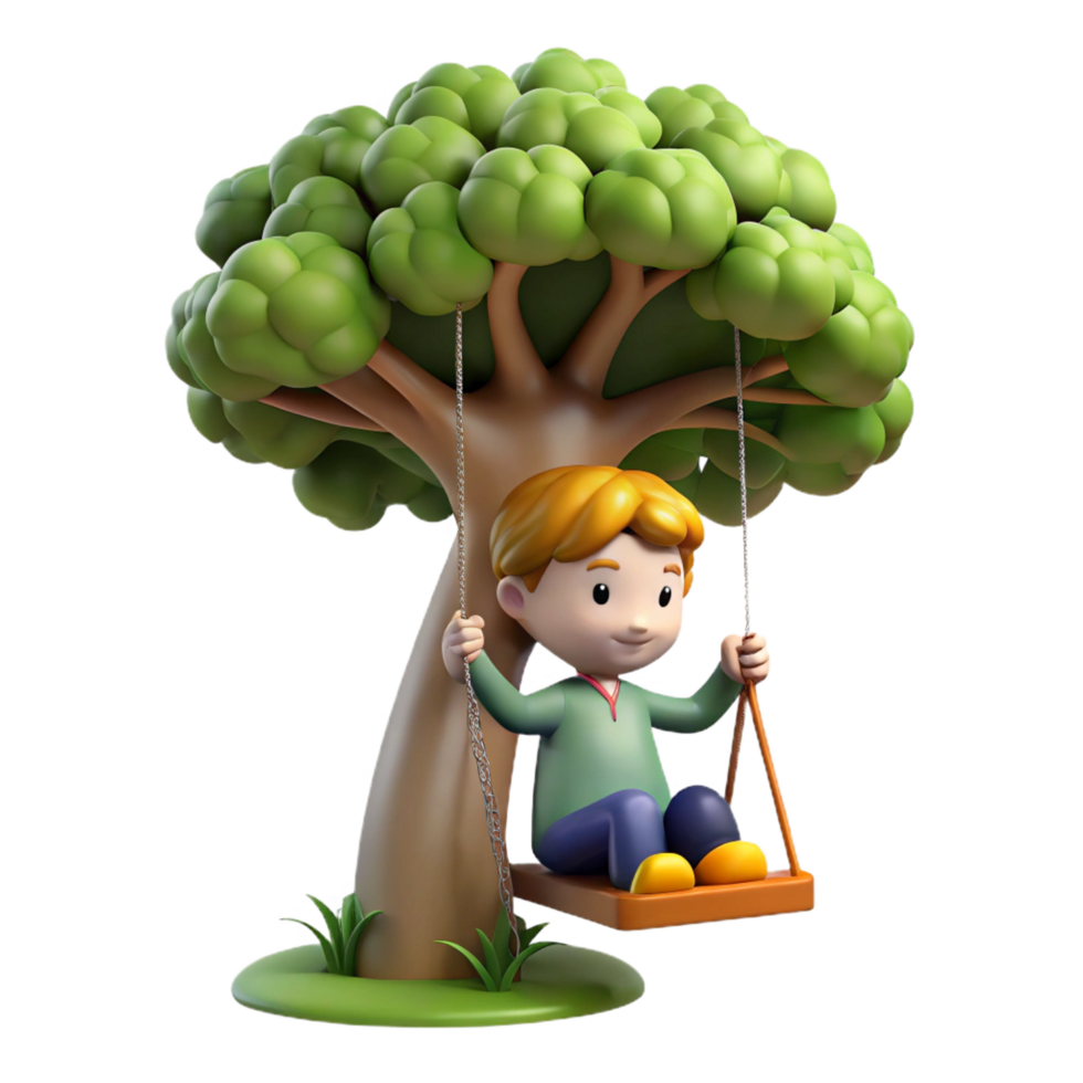 extraordinary rustic wonderful rustic 3D Render Child Swinging Tree Illustration high quality premium png