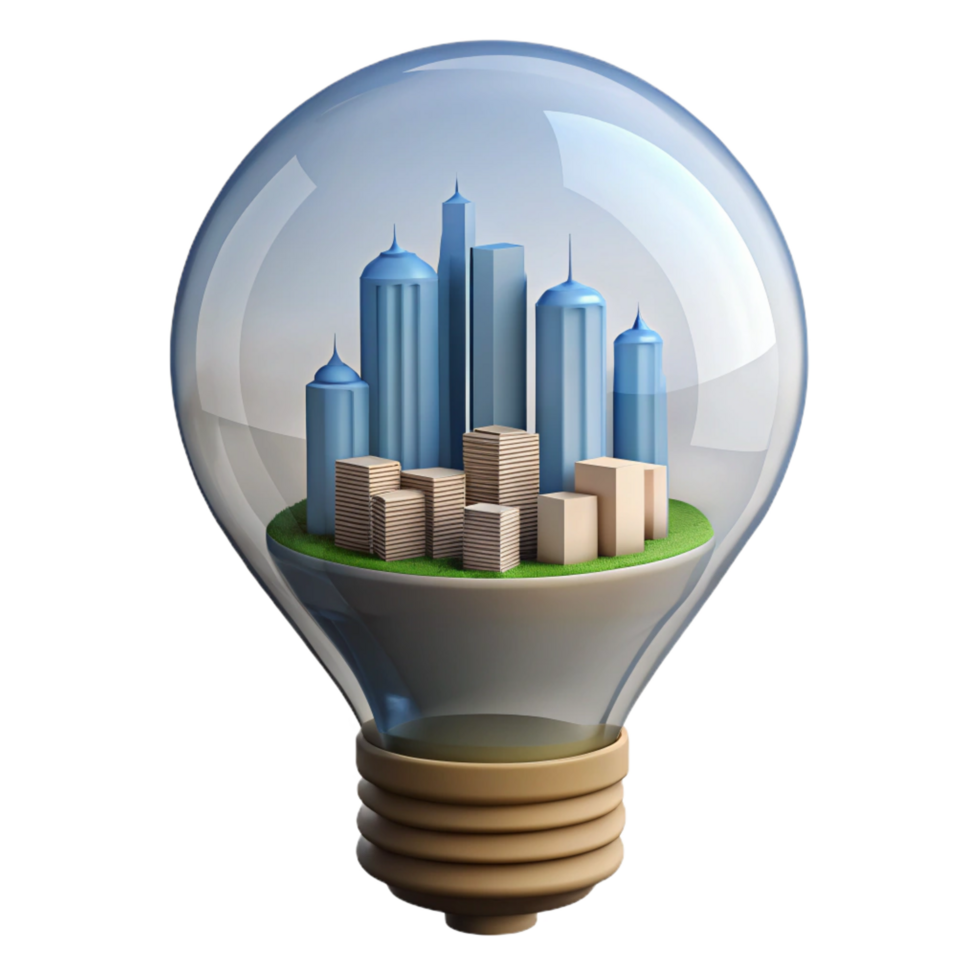 serene vintage wonderful traditional 3D Cityscape Inside Lightbulb Illustration high quality high resolution png