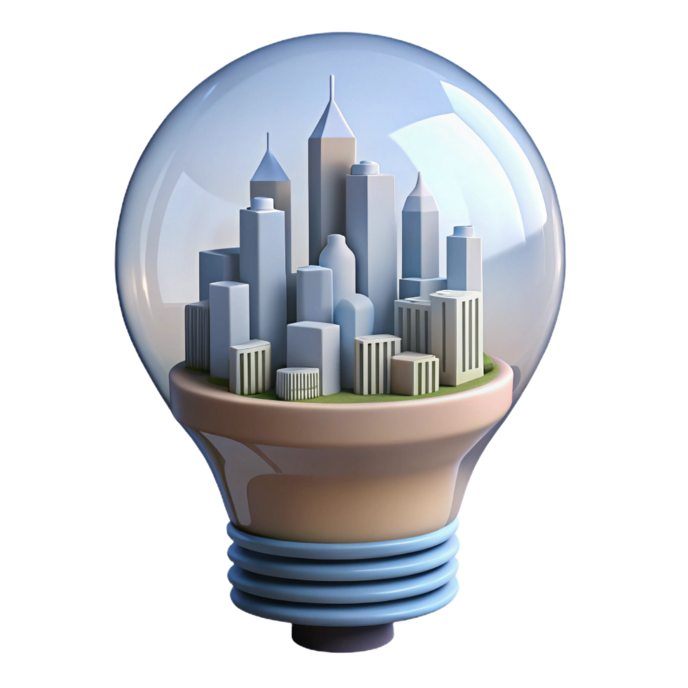 elegant artistic extraordinary minimalist 3D Cityscape Inside Lightbulb Illustration high quality premium png