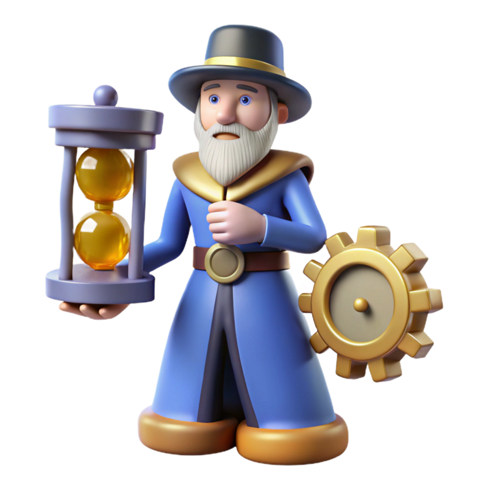 dramatic artistic wonderful contemporary 3D Cartoon Wizard with Hourglass and Gear professional original png