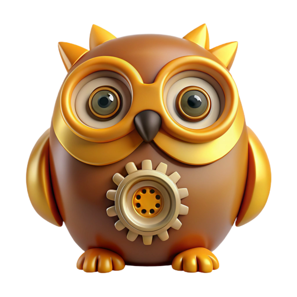 stunning minimalist extraordinary rustic 3D Render Golden Gear Owl Illustration high resolution authentic png