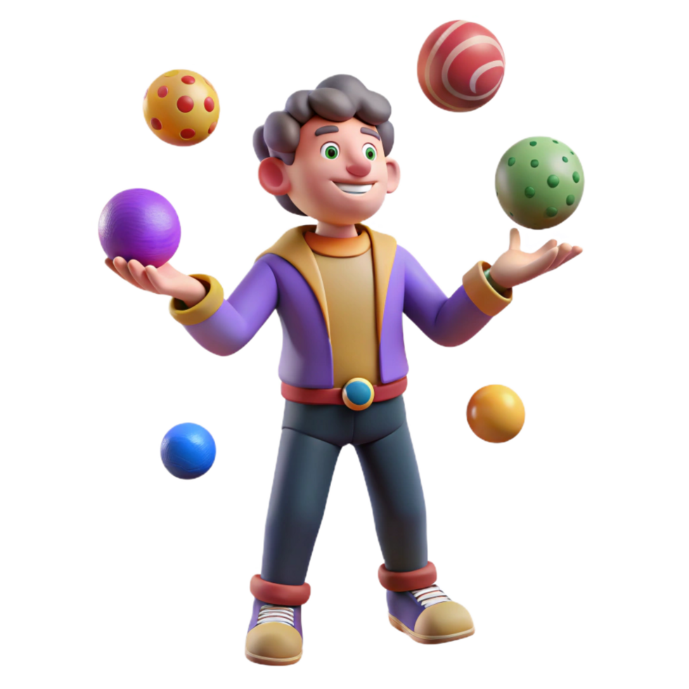 dramatic contemporary serene vintage Joyful 3D Juggler Cartoon Illustration exclusive 4K png