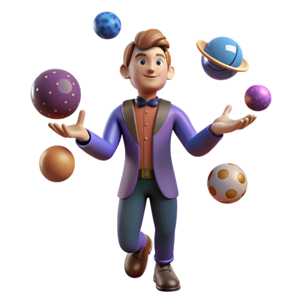 3D Cartoon Juggler with Colorful Balls png