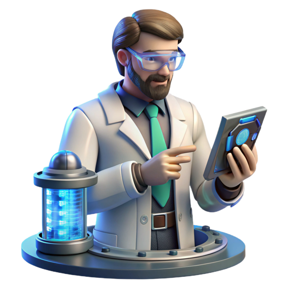 stunning modern impressive vintage 3D Cartoon Scientist with Tablet detailed authentic png