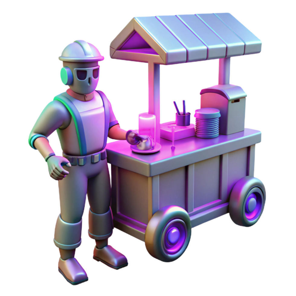 serene rustic 3D Render Robot at Food Cart premium png
