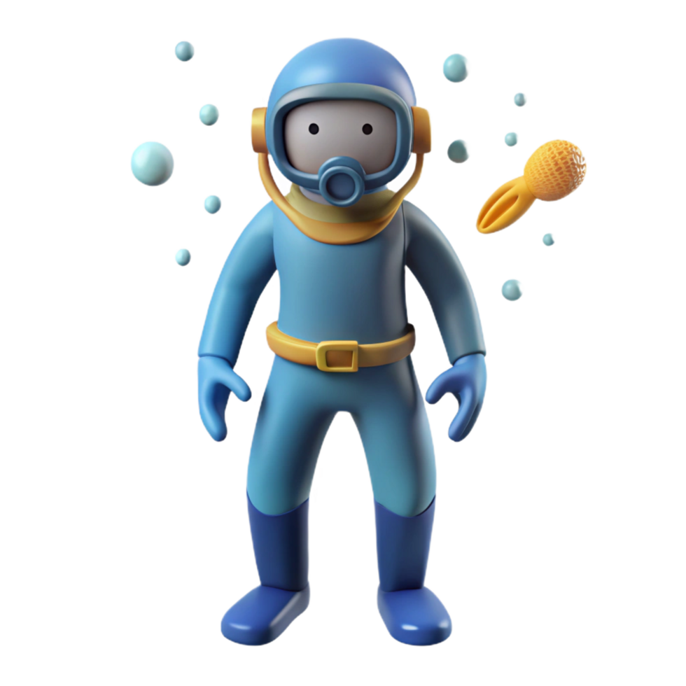 extraordinary minimalist beautiful artistic 3D Cartoon Diver and Sea Creature Illustration detailed genuine png