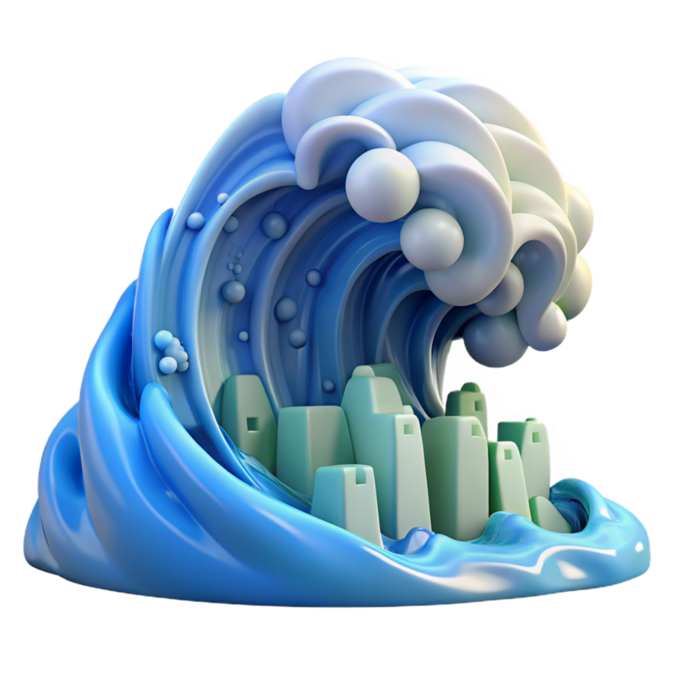 extraordinary traditional magnificent minimalist 3D Cartoon Wave Crashing City Illustration high resolution 4K png