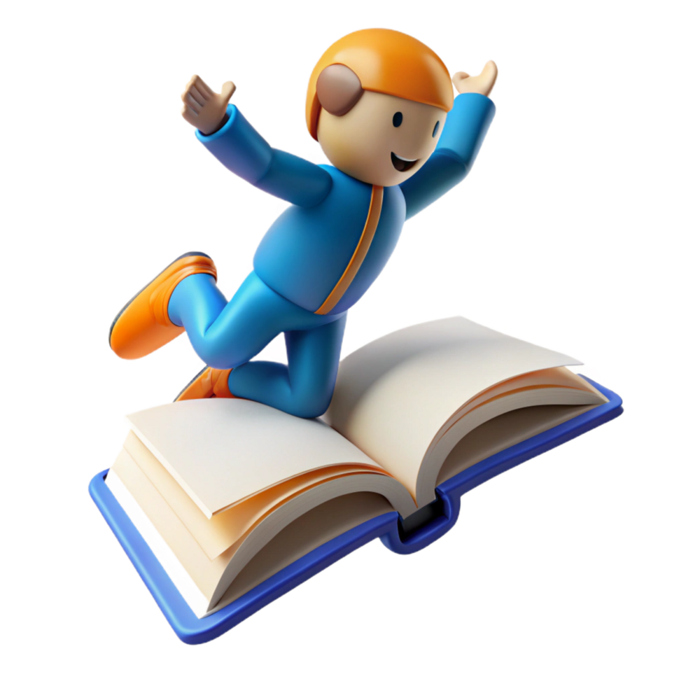 wonderful abstract dramatic modern 3D Illustration Joyful Kid Flying on Open Book original authentic png
