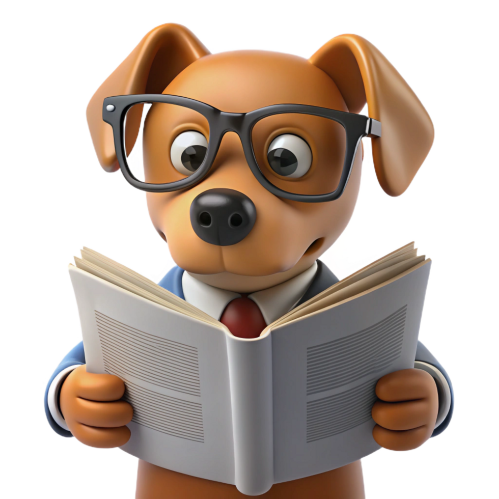 magnificent modern beautiful abstract 3D Cartoon Dog Reading Book Illustration original high resolution png