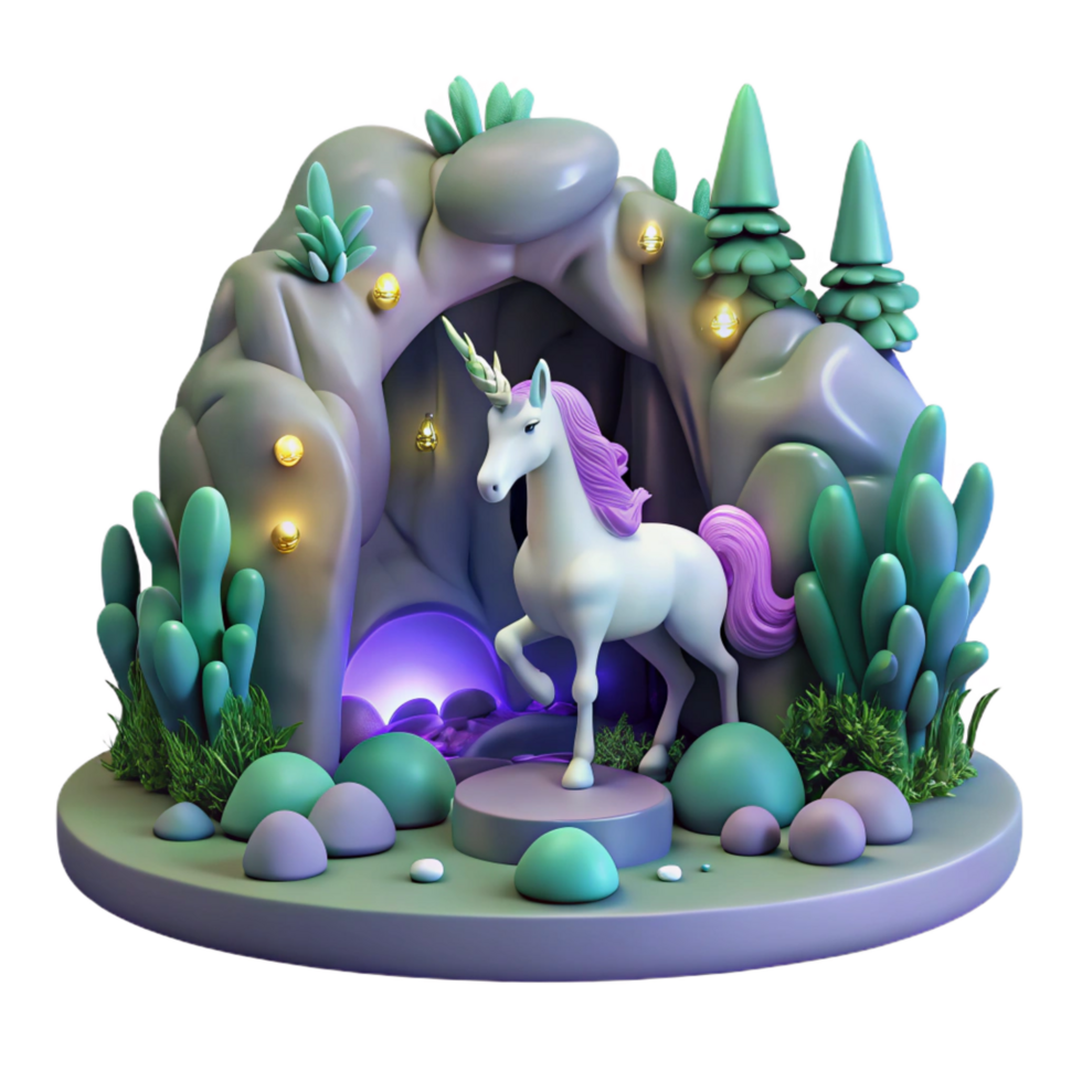 dramatic vintage serene traditional Magical Unicorn Cave 3D Render original premium png