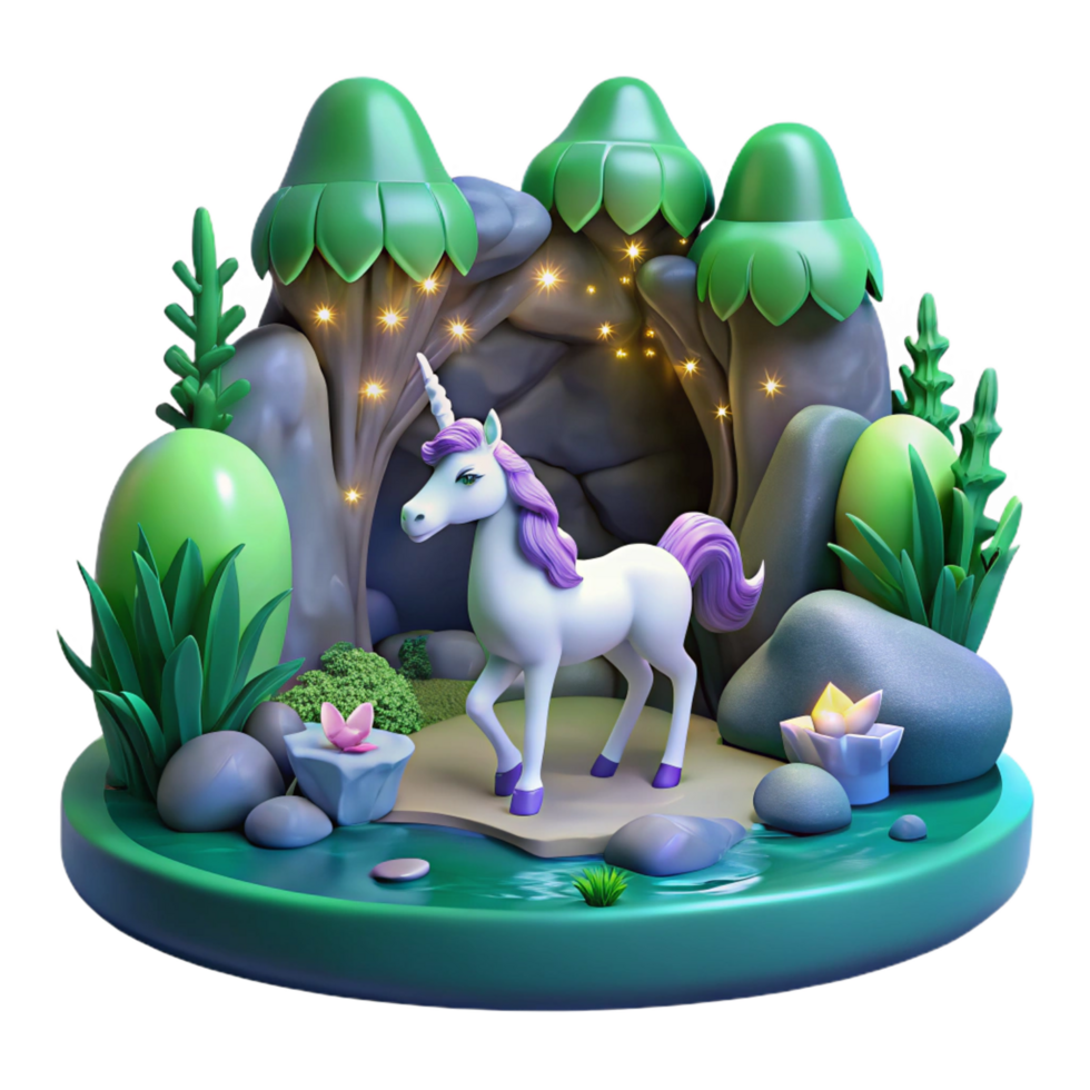 magnificent traditional serene creative Enchanted Unicorn in 3D Cave Illustration professional original png