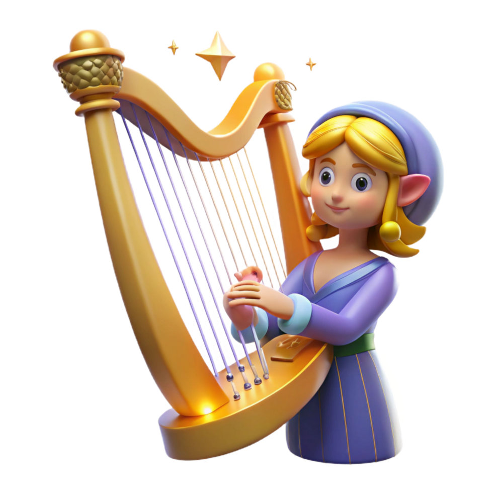 extraordinary minimalist dramatic rustic 3D Render of an Elf Playing a Harp 4K detailed png