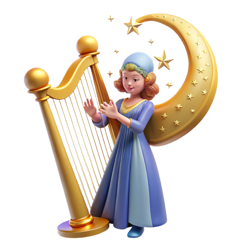 vibrant rustic vibrant vintage 3D Render Girl Playing Harp Moon Stars high resolution premium png