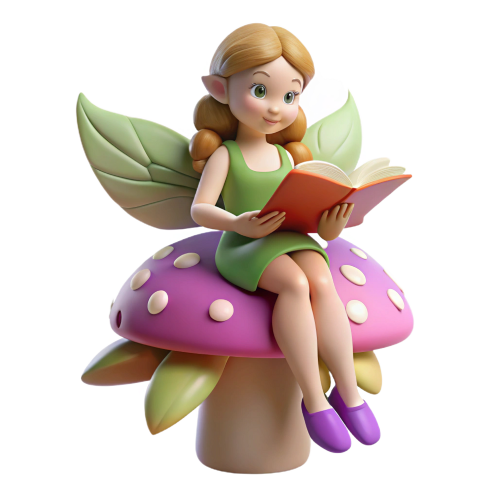 elegant minimalist impressive artistic 3D Render Fairy Reading Book on Mushroom detailed genuine png