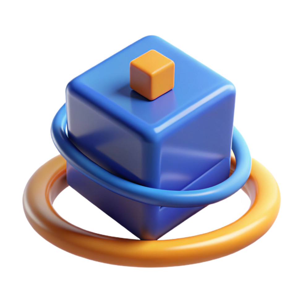 stunning rustic beautiful minimalist 3D Render Blue Cube Orange Ring Abstract original high quality png