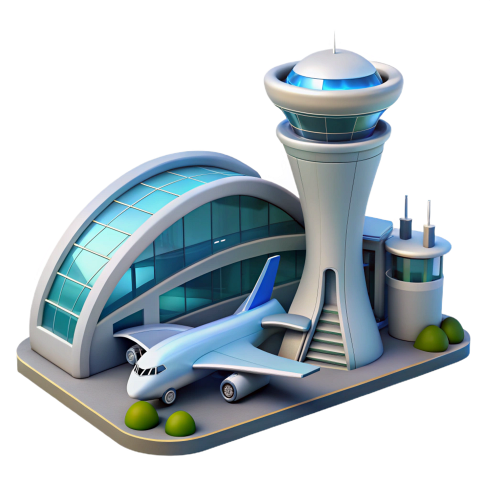elegant artistic serene rustic Airport 3D Illustration Airplane, Terminal, Tower genuine premium png