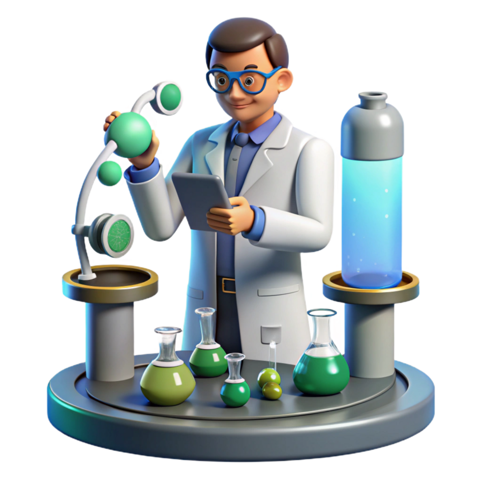 beautiful minimalist 3D Cartoon Scientist Lab Illustration detailed png