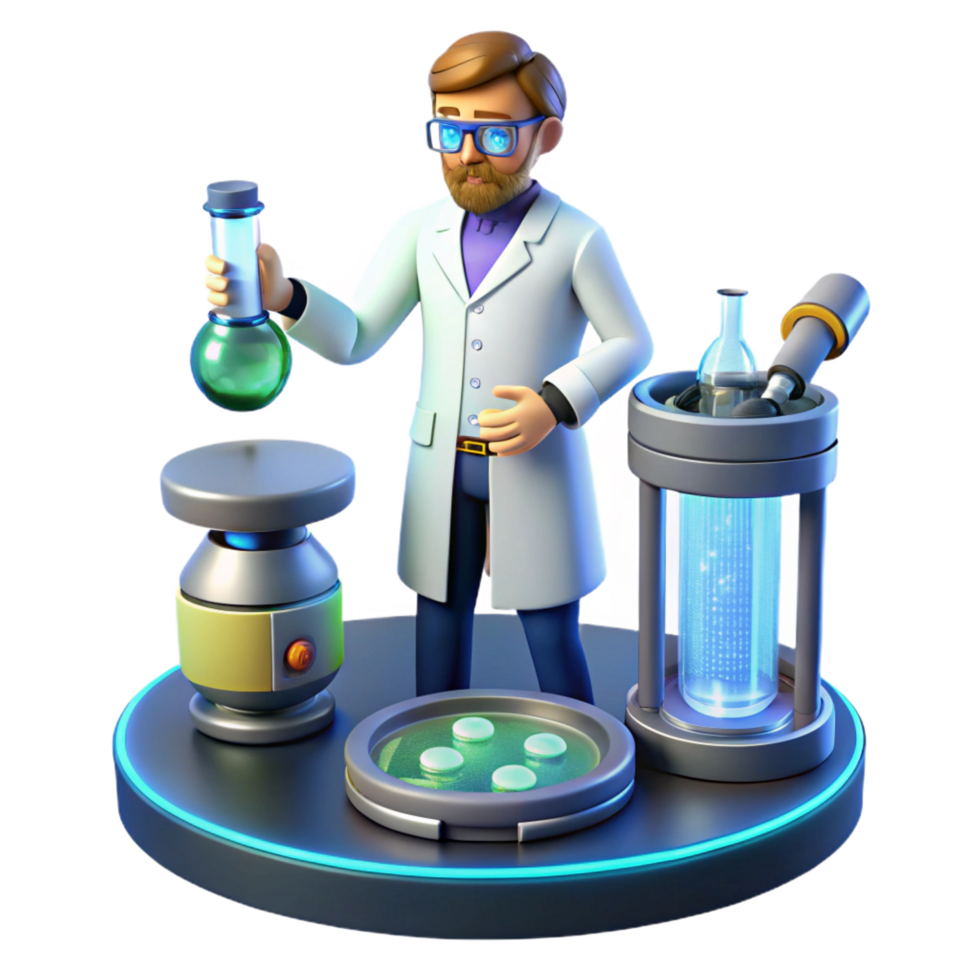 elegant minimalist 3D Cartoon Scientist in Lab high resolution png