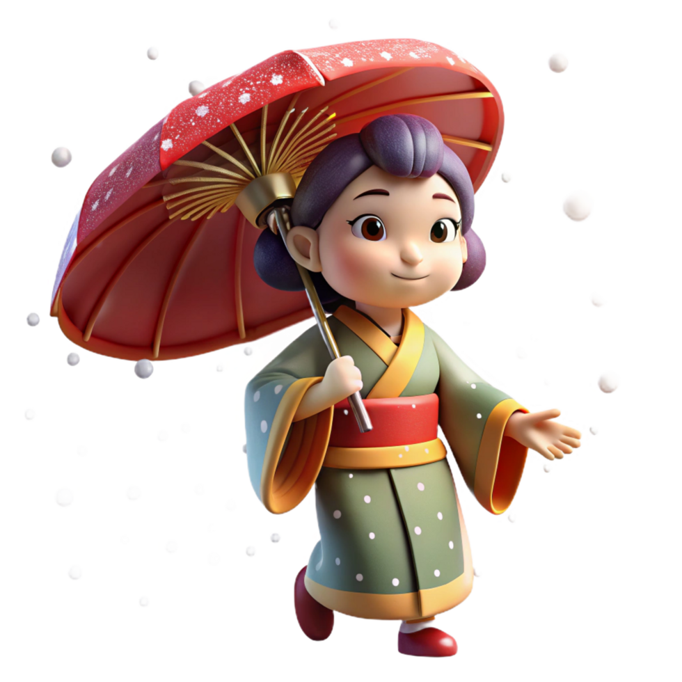 elegant vintage 3D Render of Girl in Kimono with Umbrella high quality png