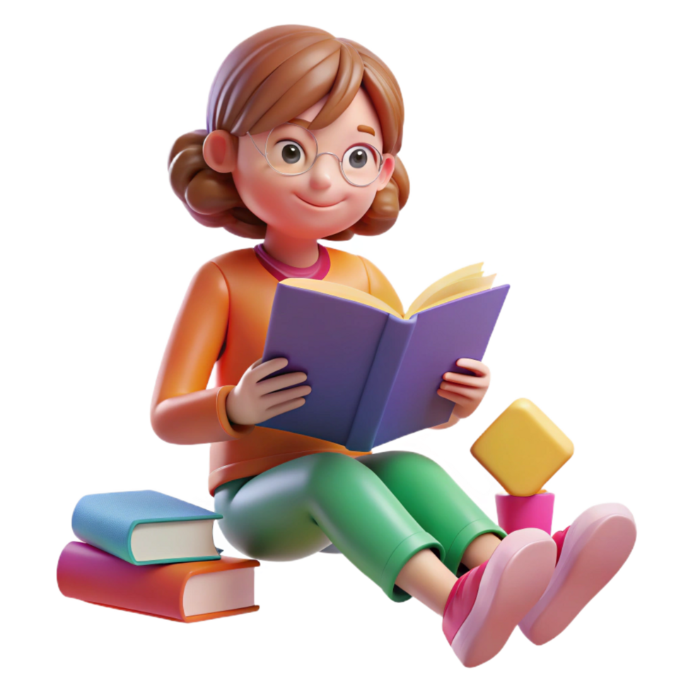 impressive contemporary 3D Render Girl Reading Book Illustration high resolution png