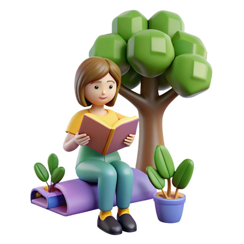 elegant classic magnificent rustic 3D Illustration Girl Reading Book Under Tree original high quality png