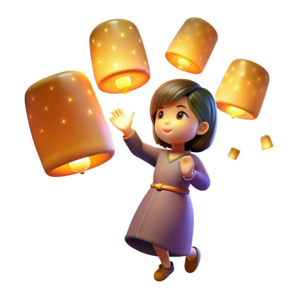 magnificent traditional 3D Render Girl and Lanterns exclusive png