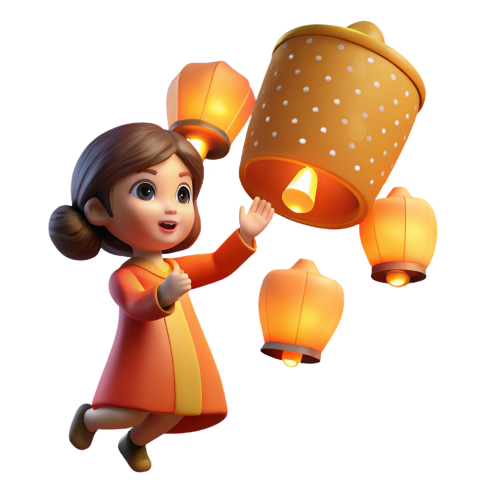 wonderful modern 3D Render Girl with Lanterns premium png