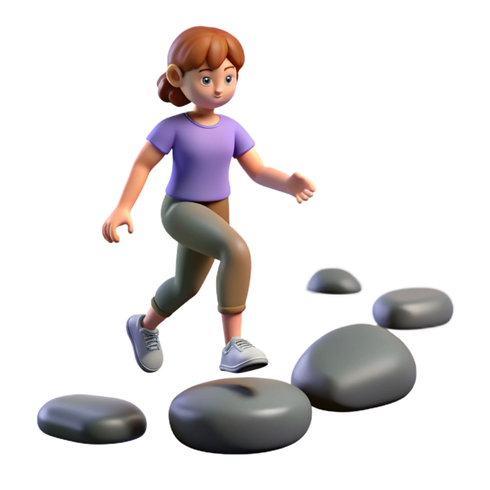 beautiful artistic 3D Cartoon Girl Stepping Stones Illustration exclusive png