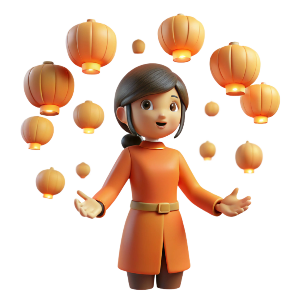 impressive modern 3D Render Girl Lantern Festival Illustration high quality png