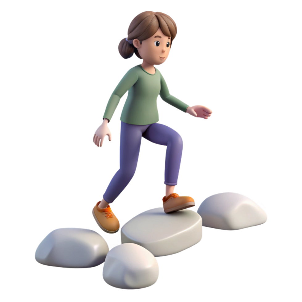 dramatic contemporary 3D Cartoon Girl Stepping Stones Illustration exclusive png