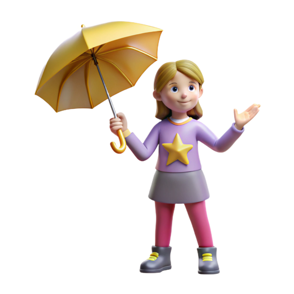 elegant artistic 3D Cartoon Girl with Yellow Umbrella detailed png