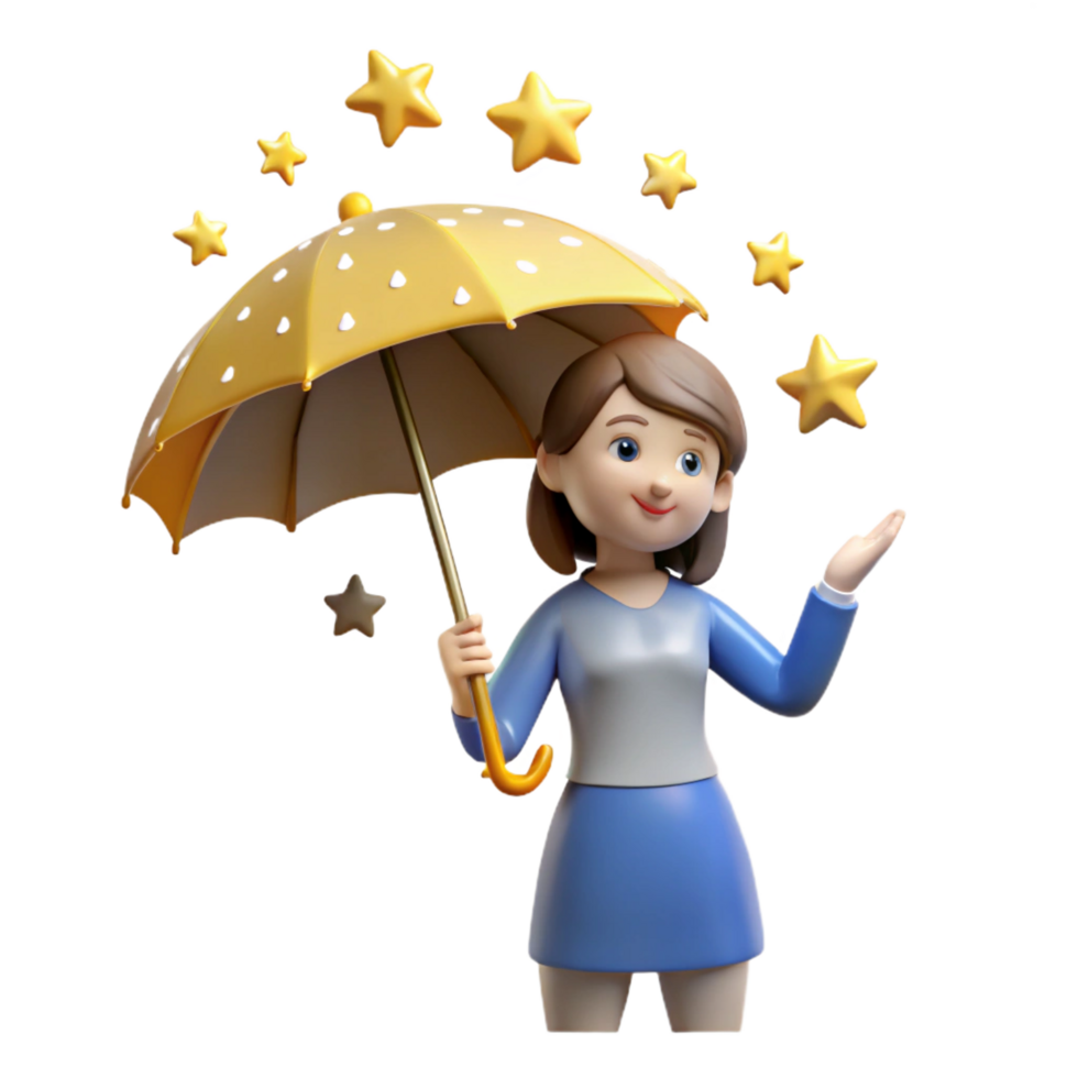 elegant traditional vibrant vintage 3D Illustration Girl Under Yellow Umbrella with Stars 4K detailed png