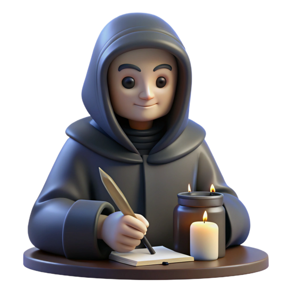 dramatic traditional 3D Monk Writing in Candlelight exclusive png