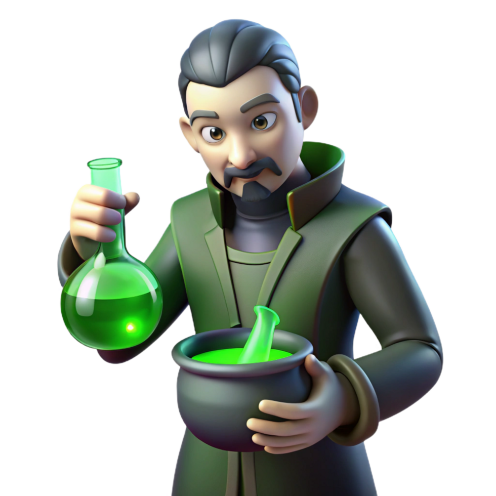 impressive traditional dramatic traditional 3D Cartoon Alchemist with Potion professional high quality png
