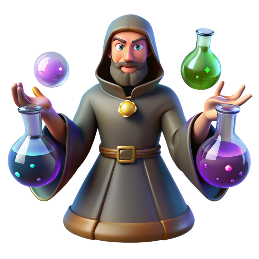 elegant modern 3D Alchemist Wizard with Potions high resolution png