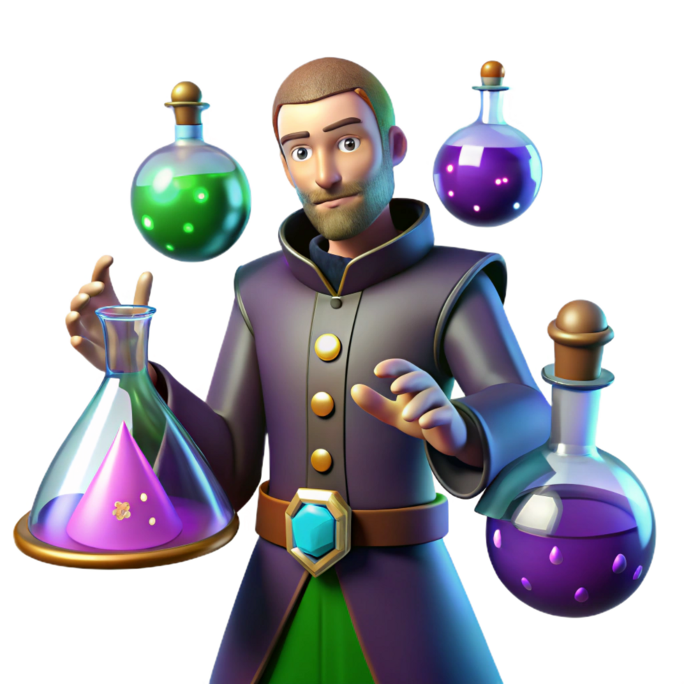 magnificent minimalist 3D Alchemist Cartoon Illustration detailed png