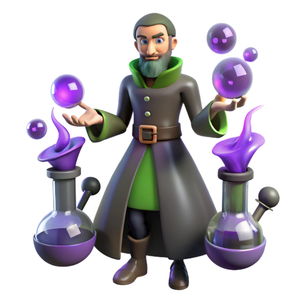 dramatic traditional 3D Cartoon Wizard with Potions detailed png