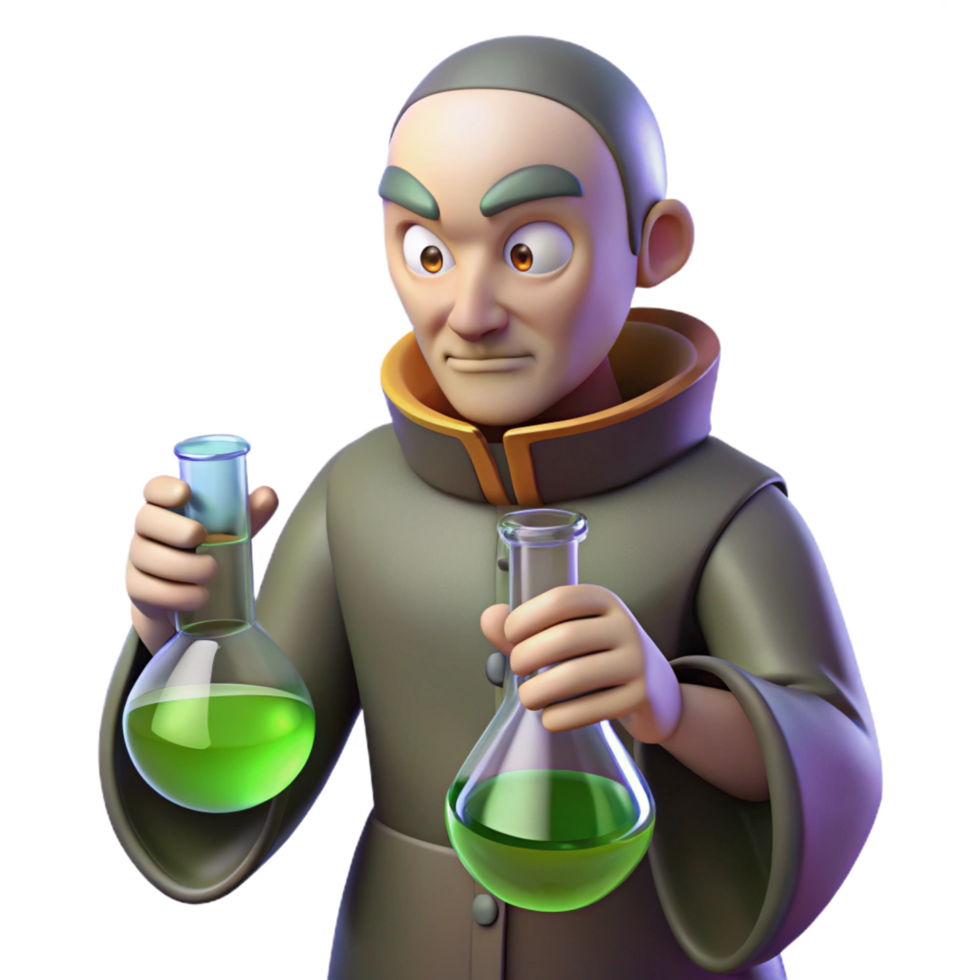 serene creative 3D Cartoon Scientist with Flasks 4K png