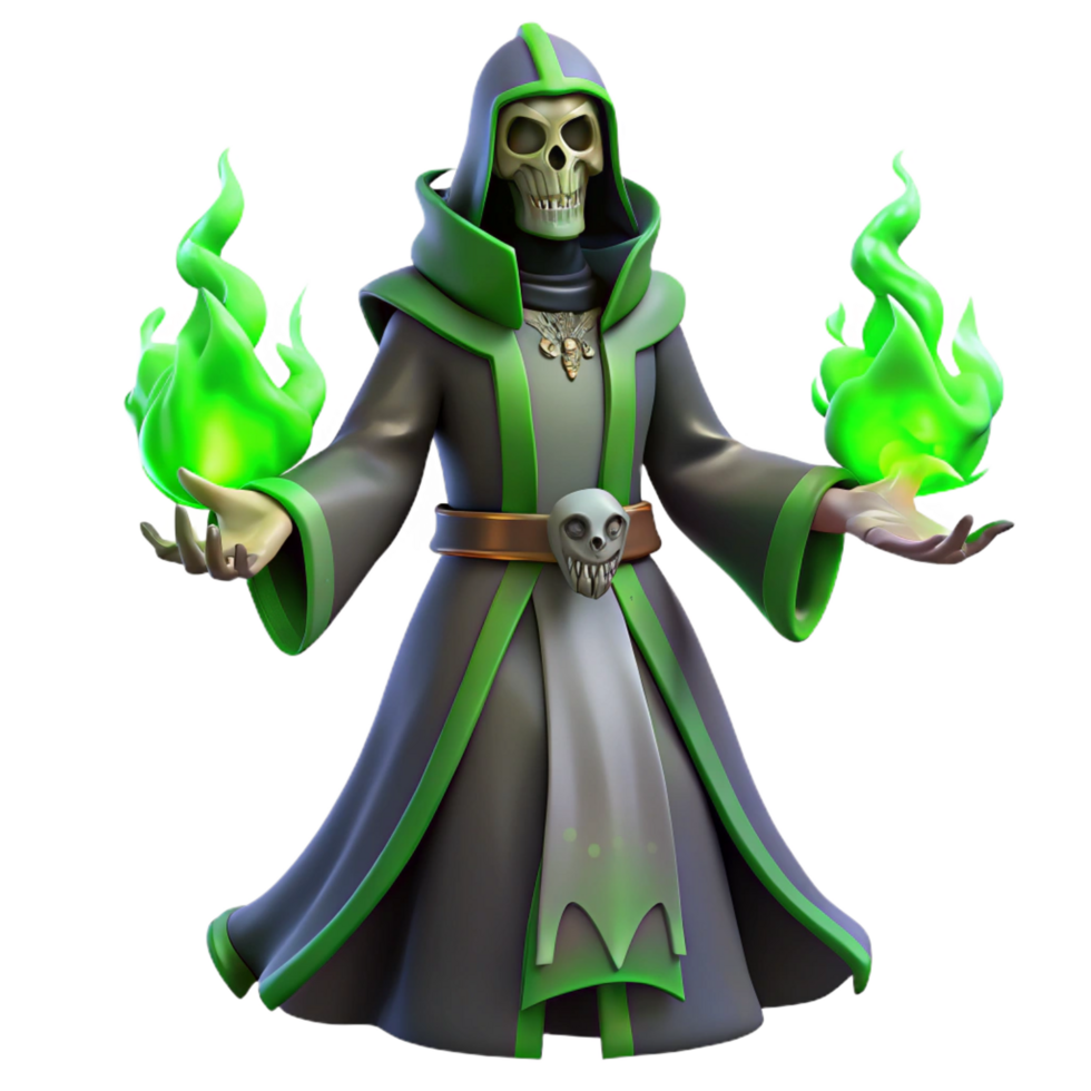 beautiful minimalist 3D Render Skeleton Wizard with Green Flames genuine png