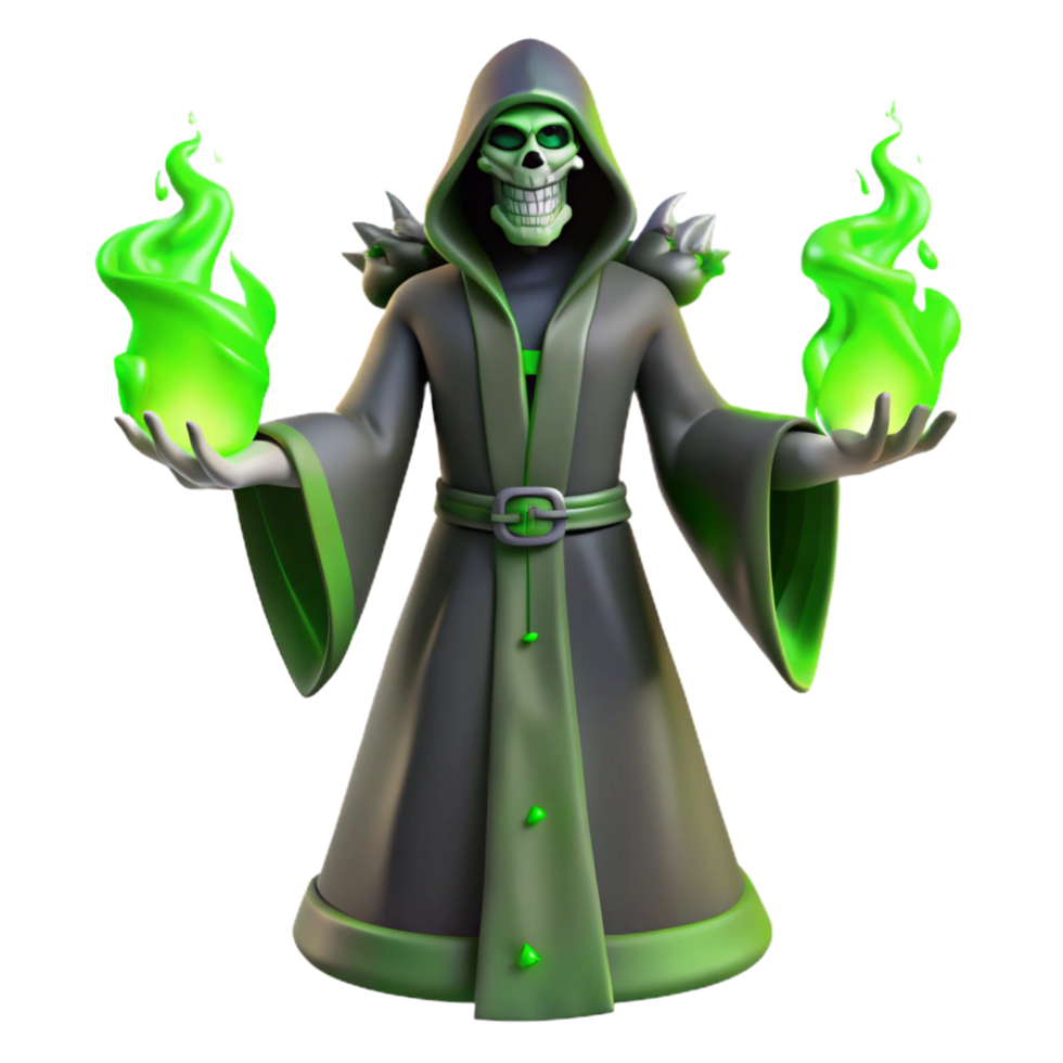 vibrant contemporary 3D Cartoon Grim Reaper with Green Flames detailed png