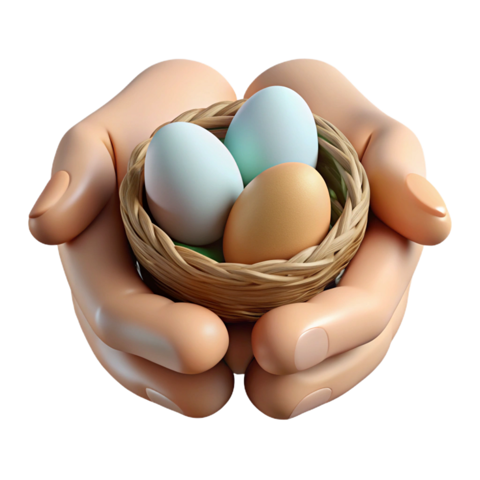 elegant minimalist 3D Illustration Hands Gently Holding a Bird's Nest with Eggs high quality png